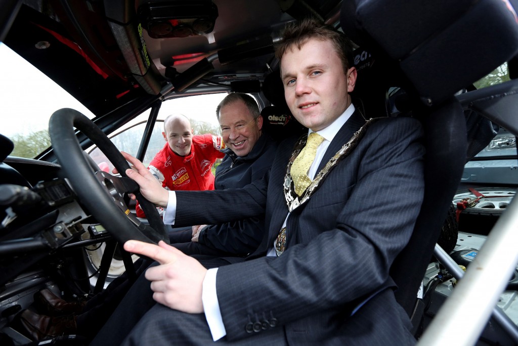 Looking forward to a brand new Circuit Qualifying Stage based at Antrim Castle Gardens is star driver Jonny Greer.  The Citroen DS 3R3 driver from David Greer Motorsport is pictured with Mayor of Antrim and Newtownabbey, Cllr Thomas Hogg (right) and Bobby Willis (centre) Circuit of Ireland event director.