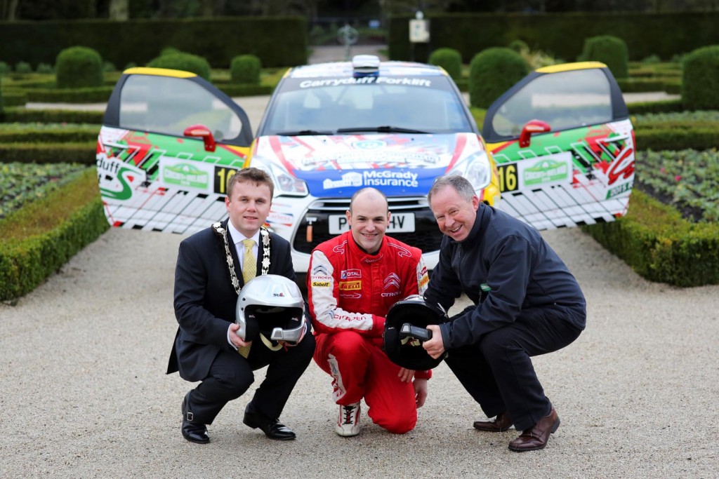 Looking forward to a brand new Circuit Qualifying Stage based at Antrim Castle Gardens is star driver Jonny Greer.  The Citroen DS 3R3 driver from David Greer Motorsport is pictured with Mayor of Antrim and Newtownabbey, Cllr Thomas Hogg (left) and Bobby Willis (right) Circuit of Ireland event director.