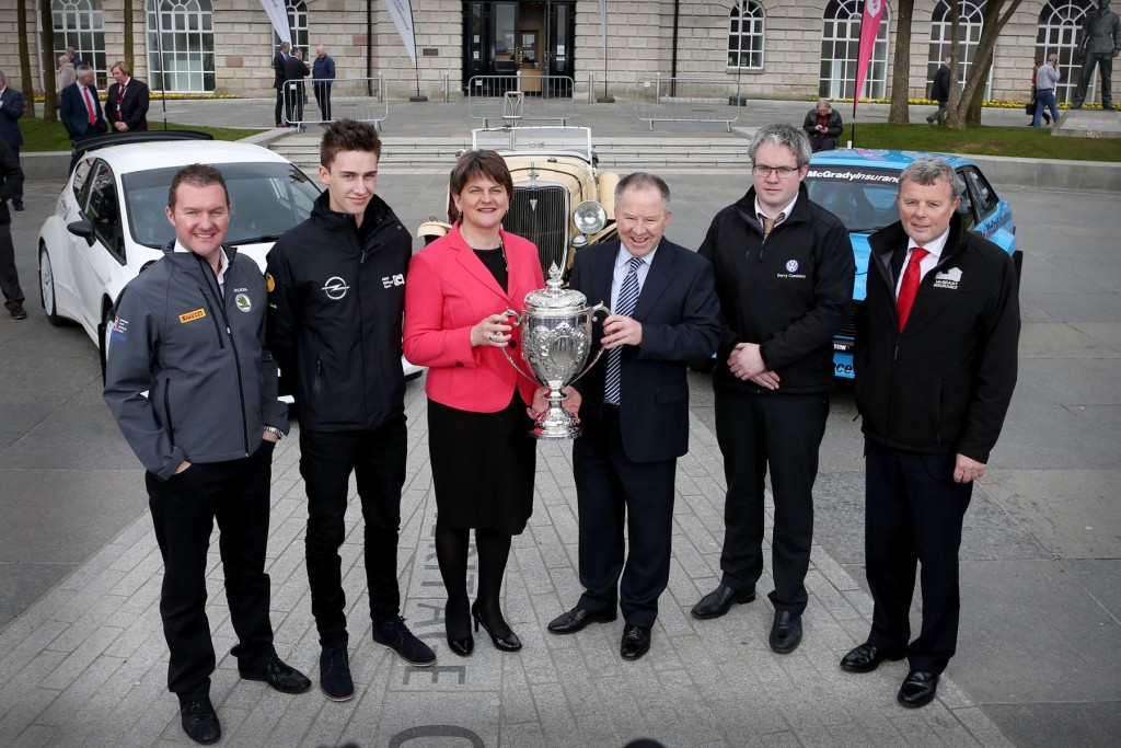 Picture credit © Matt Mackey - Presseye.com Belfast - Northern Ireland - 3rd March 2016 ** NO PICTURE FEE** First Minister, Arlene Foster, is pictured at the launch of the 2016 Circuit of Ireland Rally with Event Director Bobby Willis and driver's Former British Champion Neil Simpson, FIA ERC Junior driver Chris Ingram along with local men Brendan Cumisky and Fintan McGrady. Celebrating its 85th year, the Circuit of Ireland Rally has grown to become a global event, attracting competitors and spectators from across the world. It takes place from 7th  9th April in County Antrim, County Down and Belfast.
