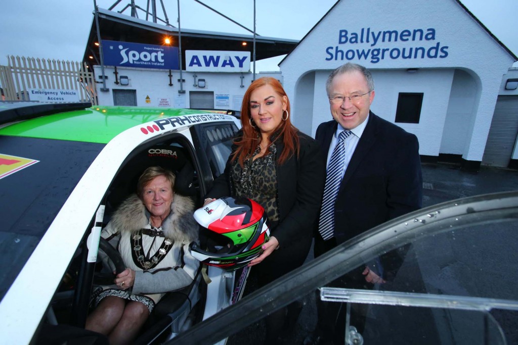 Mid and East Antrim Mayor, Councillor Audrey Wales MBE in the driving seat of the new Circuit Festival 2017 along with Council Chief Executive Anne Donaghy and Event Director Bobby Willis.