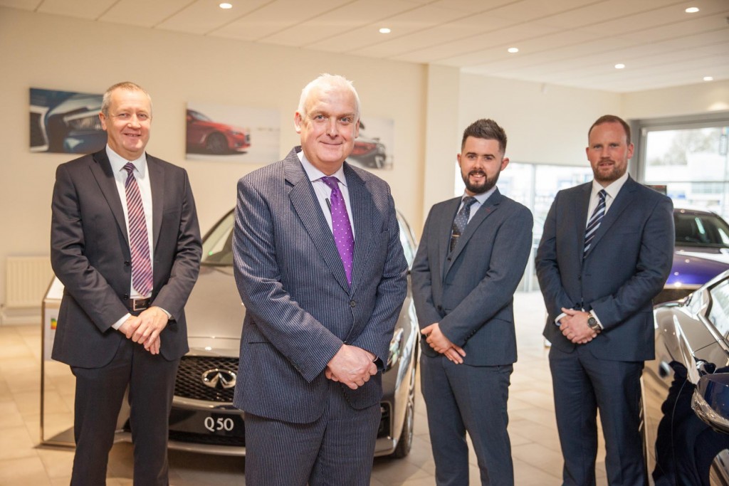 L-R; Alan Wright, Tom Magowan, Peter Taylor & Jason Haddock - The Belfast sales team within the five-star showroom 