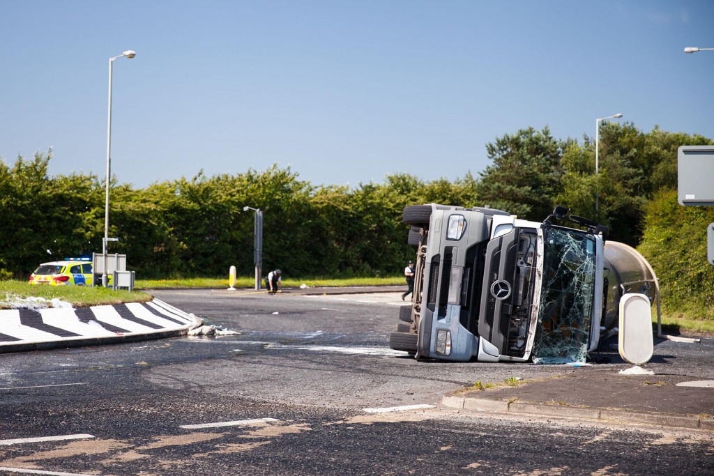 I happened upon this incident recently when a fluid carrying lorry toppled due to the nature of its load - excess speed through roundabout a likely cause...