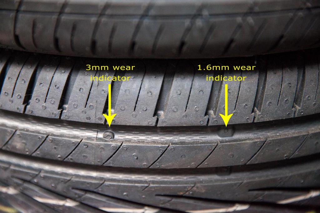 A new tyre highlighting various wear indicators that can be found...