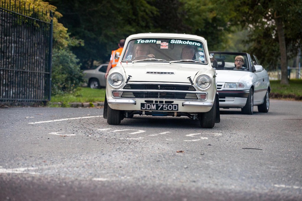 A Lotus Cortina in historic rally guise enjoys the run...