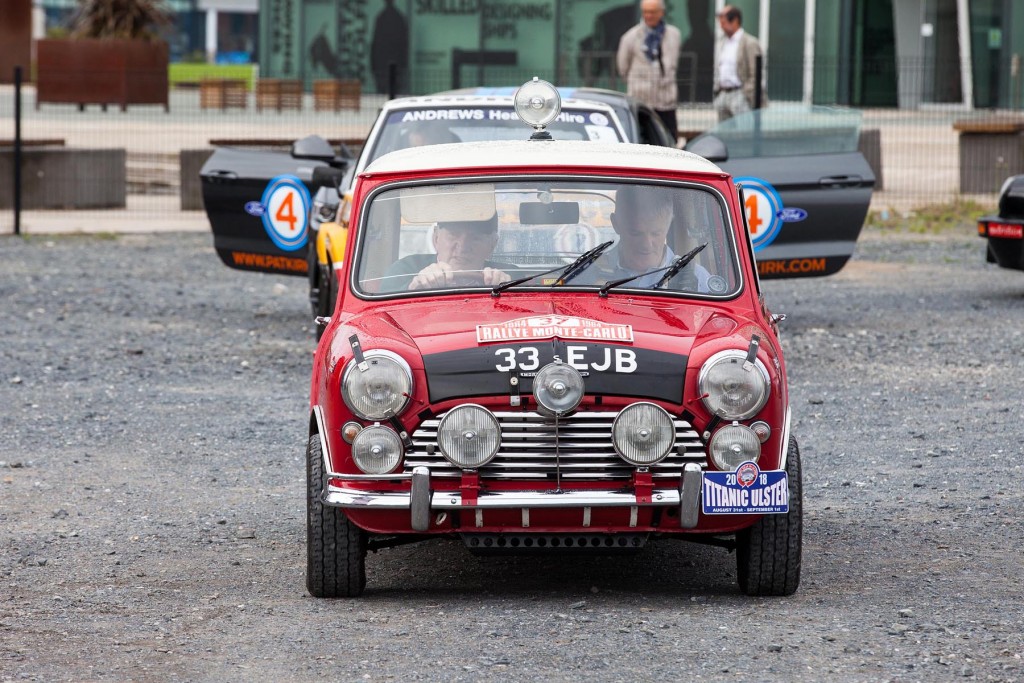 Paddy Hopkirk with Rory Kennedy on the notes in a replica of Paddy's Monte Carlo winning Mini Cooper S...