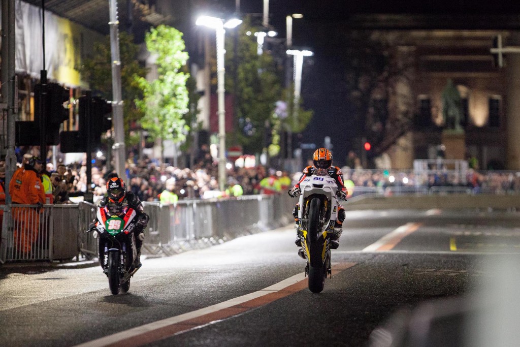 Local motorcycle racing legends, Jeremy McWilliams and Ryan Farquhar enthralled thousands with their high-octane two-whee display at the Red Bull Formula One event in Belfast City Centre...