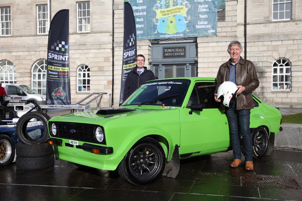 Councillor Robert Adair and Sprint Championship sponsor Bill Adair beside Thomas Purdy's Ford Escort MkII competition car. picture:Jonathan MacDonald