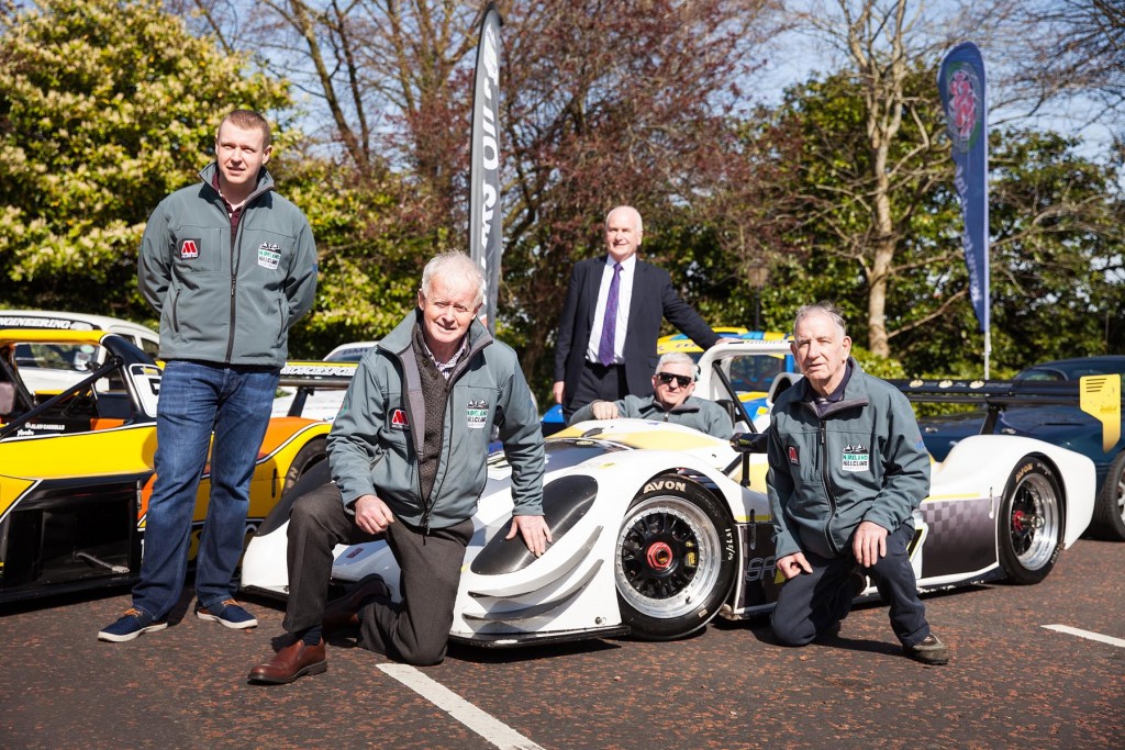 L-R; Championship coordinator, Alan Cassells; Murray Harrison of Jem Oils; North Down and Ards Borough representative, Gordon Dunne MLA; Reigning champion, Gerard O’Connell; John Rice of Jem Oils at the launch of the 2019 ANICC Millers Oils Northern Ireland hillclimb championship.